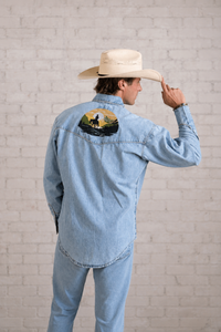 Men's Denim Cowboy Sunset Embroidery Western Shirt by Rockmount Ranch Wear in vintage chambray denim with floral print