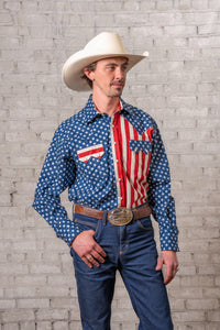 Men's American Flag 2-Tone Western Shirt- Made in USA by Rockmount Ranch Wear, diamond snap closures