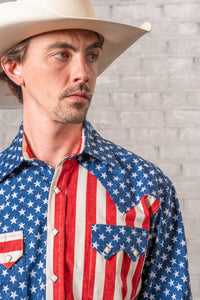 Men's American Flag 2-Tone Western Shirt Rockmount Ranch Wear in vintage blue with diamond snap closures