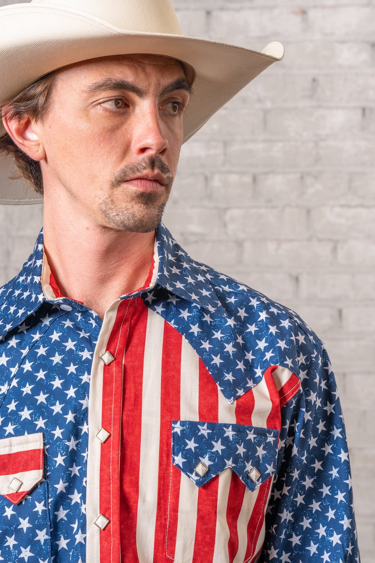 Men's American Flag 2-Tone Western Shirt Rockmount Ranch Wear in vintage blue with diamond snap closures