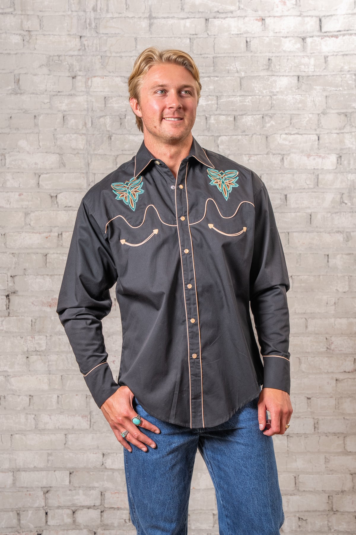 Men's Black Boot Bug Embroidered Western Shirt by Rockmount Ranch Wear, vintage fringe floral embroidery