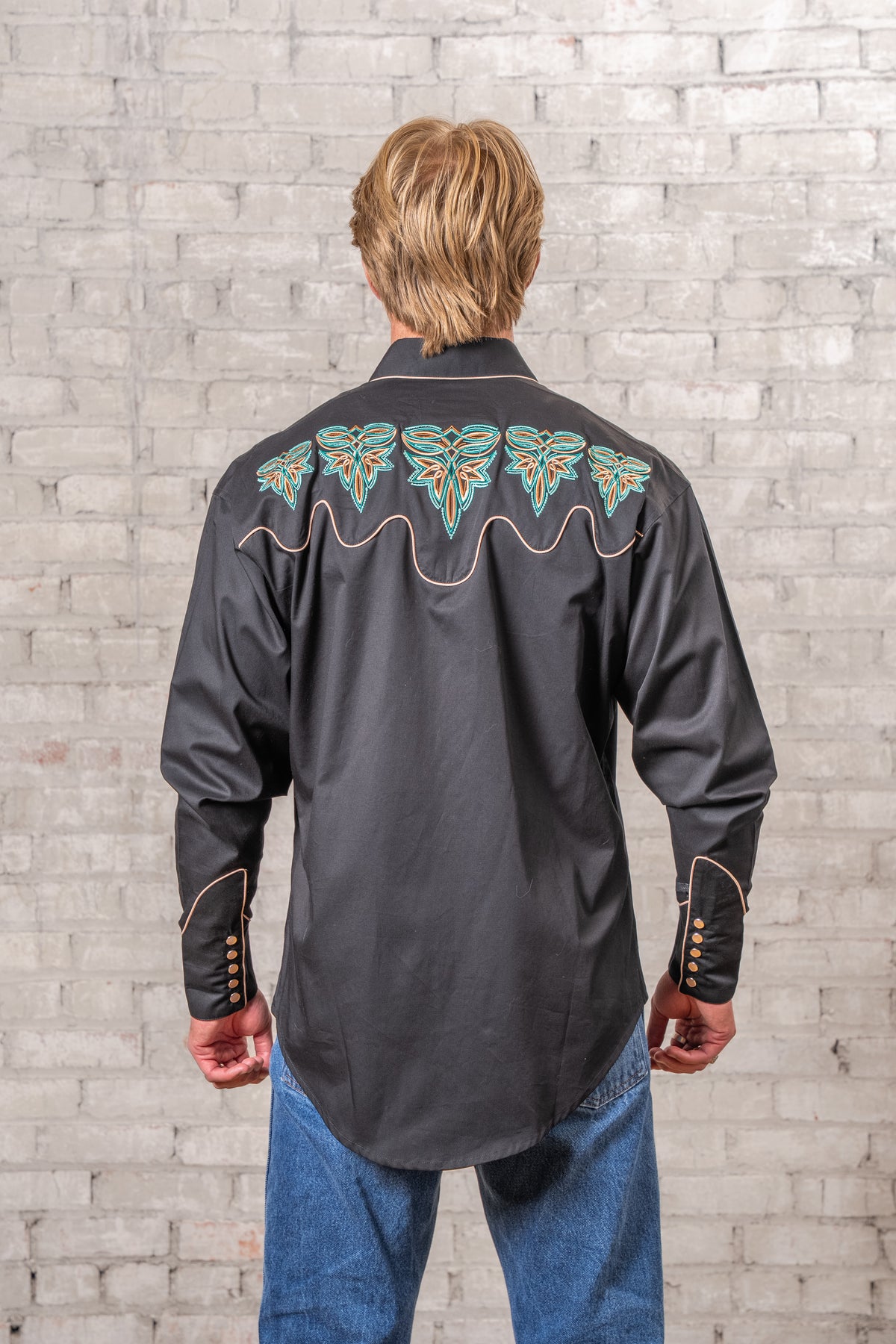 Men's Black Boot Bug Embroidered Western Shirt by Rockmount Ranch Wear, vintage floral fringe embroidery