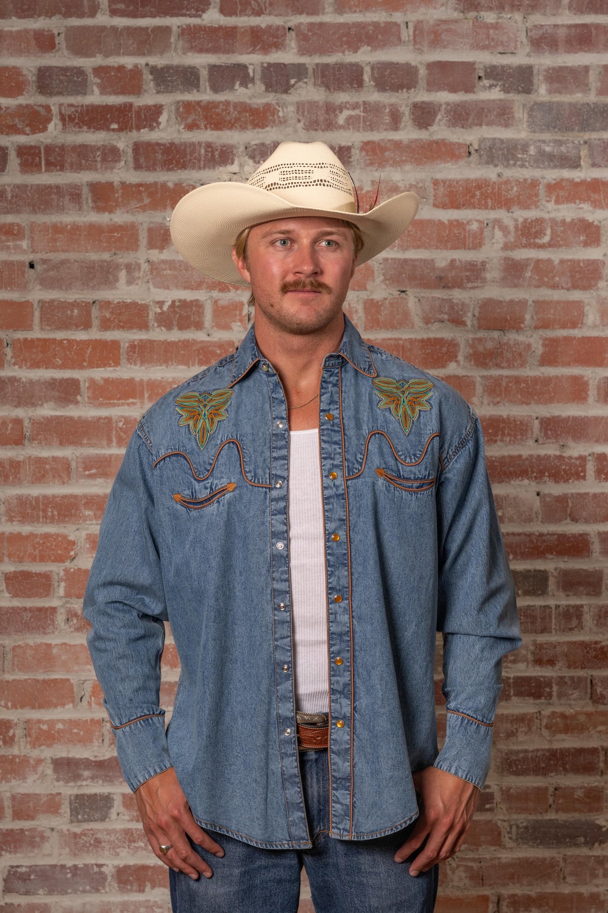 Men's Denim Boot Bug Embroidered Western Shirt by Rockmount Ranch Wear, vintage denim with embroidered arrowhead smile pockets