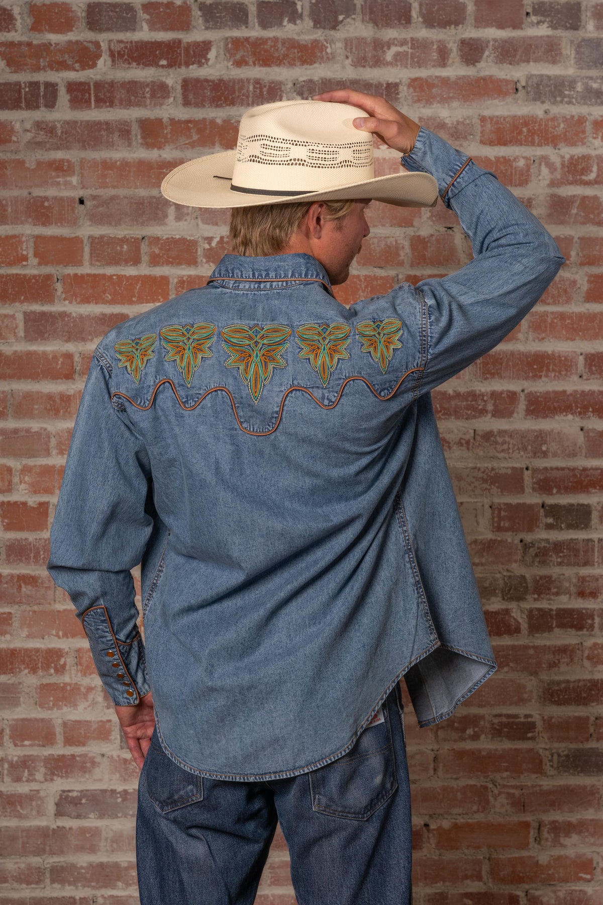 Men's Denim Boot Bug Embroidered Western Shirt by Rockmount Ranch Wear, vintage denim western shirt with embroidered floral fringe
