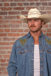 Men's Denim Boot Bug Embroidered Western Shirt by Rockmount Ranch Wear in denim with embroidered arrowhead smile pockets