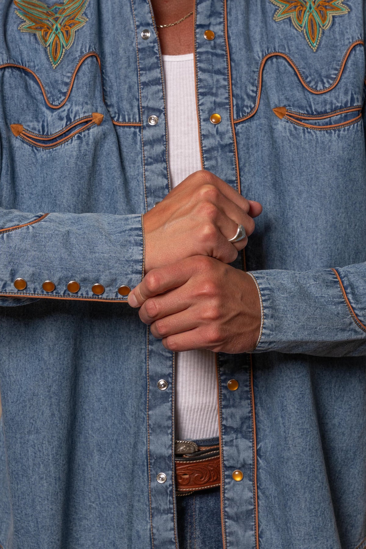 Men's Denim Boot Bug Embroidered Western Shirt by Rockmount Ranch Wear in vintage denim with embroidered smile pockets