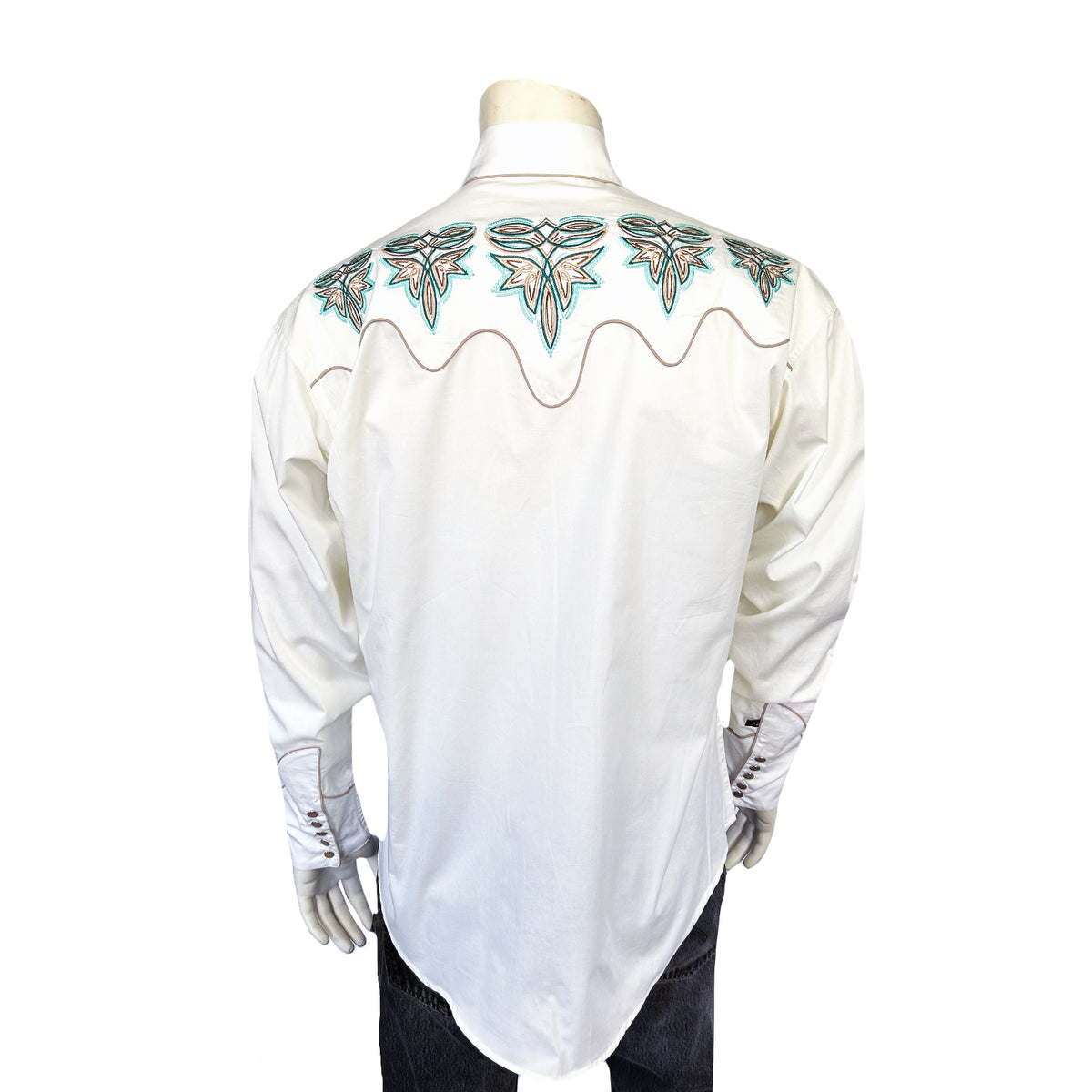 Men's Ivory Boot Bug Embroidered Western Shirt by Rockmount Ranch Wear in vintage floral fringe design