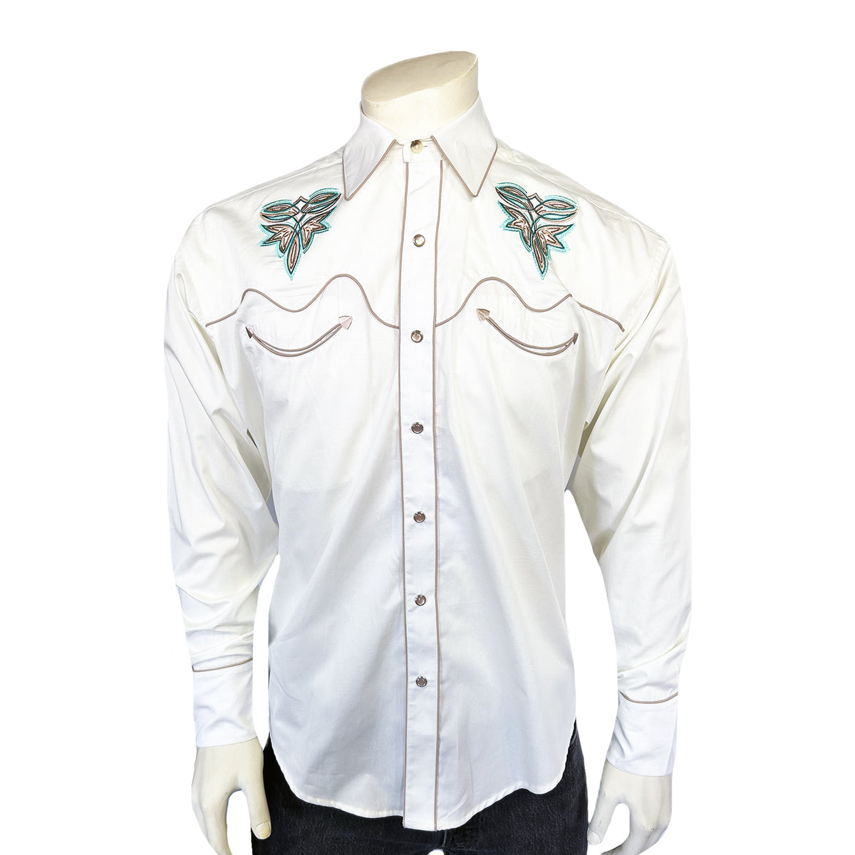 Men's Ivory Boot Bug Embroidered Western Shirt by Rockmount Ranch Wear, floral western shirt with embroidered smile pockets