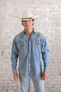 Men's Denim Boot Bug Embroidered Western Shirt by Rockmount Ranch Wear in denim with embroidered floral snap details