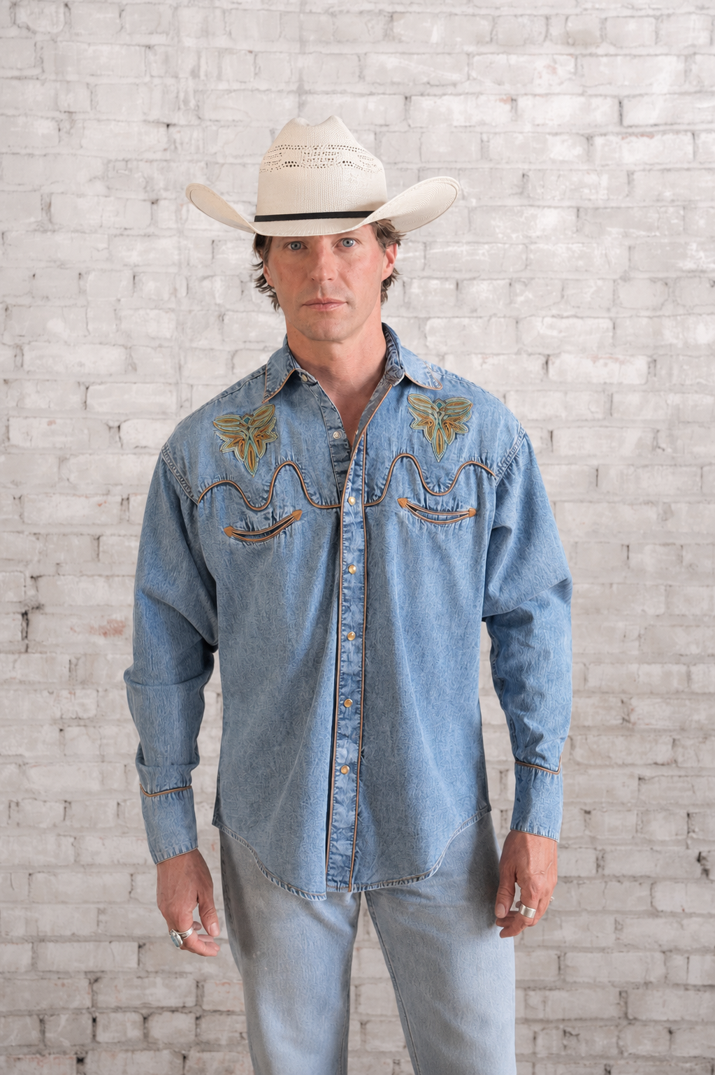 Men's Denim Boot Bug Embroidered Western Shirt by Rockmount Ranch Wear in denim with embroidered floral snap details