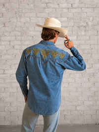 Men's Denim Boot Bug Embroidered Western Shirt Rockmount Ranch Wear denim western shirt with embroidered arrowhead smile pockets