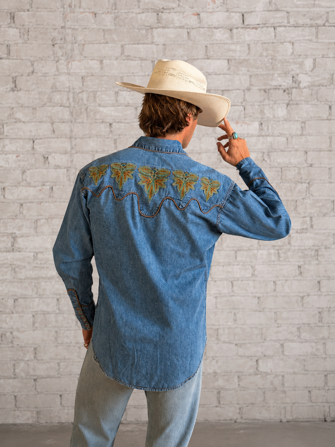 Men's Denim Boot Bug Embroidered Western Shirt Rockmount Ranch Wear denim western shirt with embroidered arrowhead smile pockets