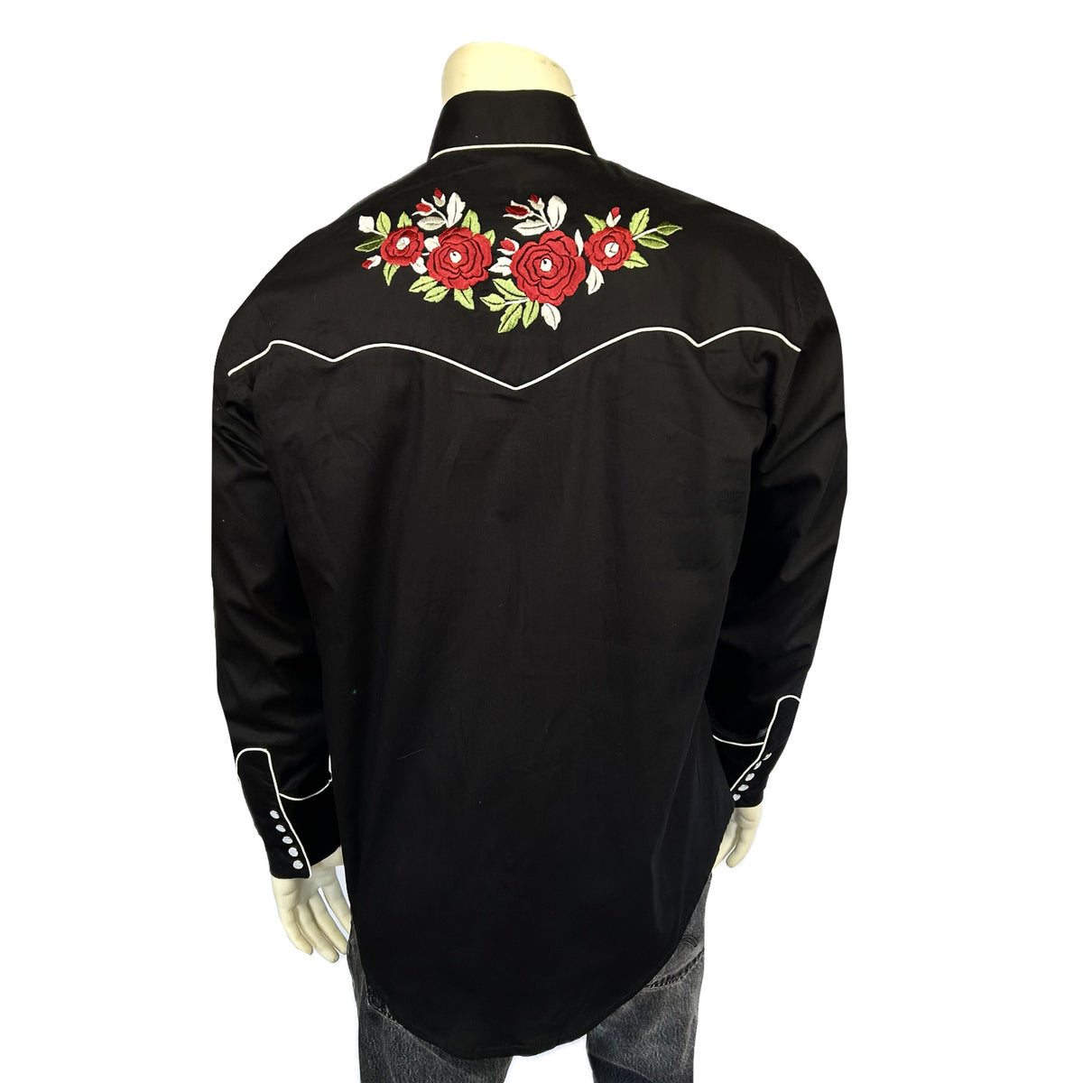 Men's Black and Burgundy Floral Embroidered Western Shirt by Rockmount Ranch Wear with floral embroidery