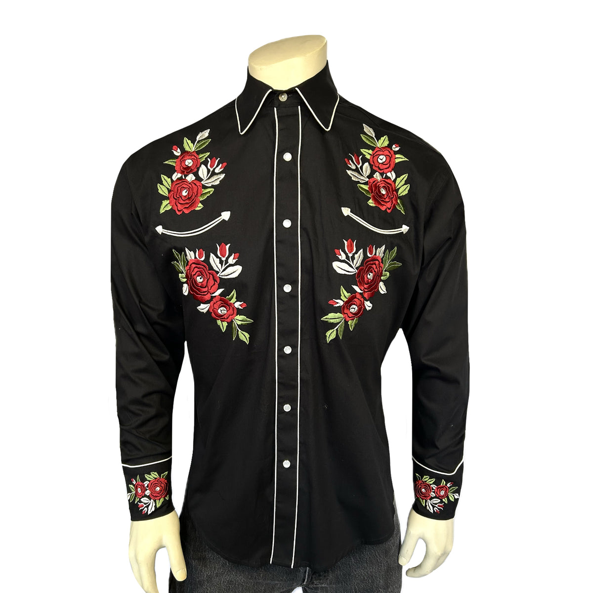 Men's Black and Burgundy Floral Embroidered Western Shirt by Rockmount Ranch Wear with floral embroidered cowboy style