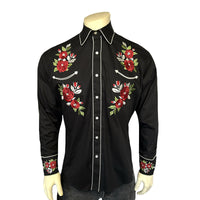 Men's Black and Burgundy Floral Embroidered Western Shirt by Rockmount Ranch Wear with floral embroidered cowboy style