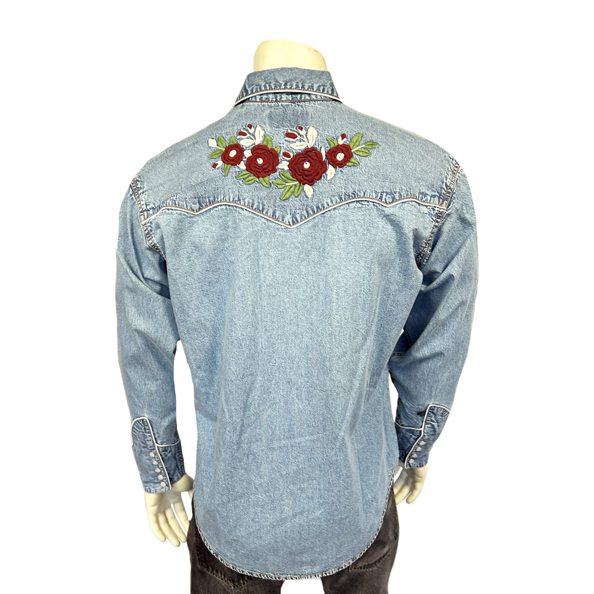 Men's Denim Western Shirt by Rockmount Ranch Wear in vintage floral embroidered style with fringe trim