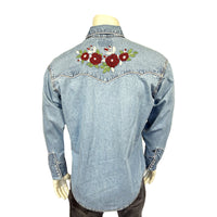 Men's Denim Western Shirt by Rockmount Ranch Wear in vintage floral embroidered style with fringe trim