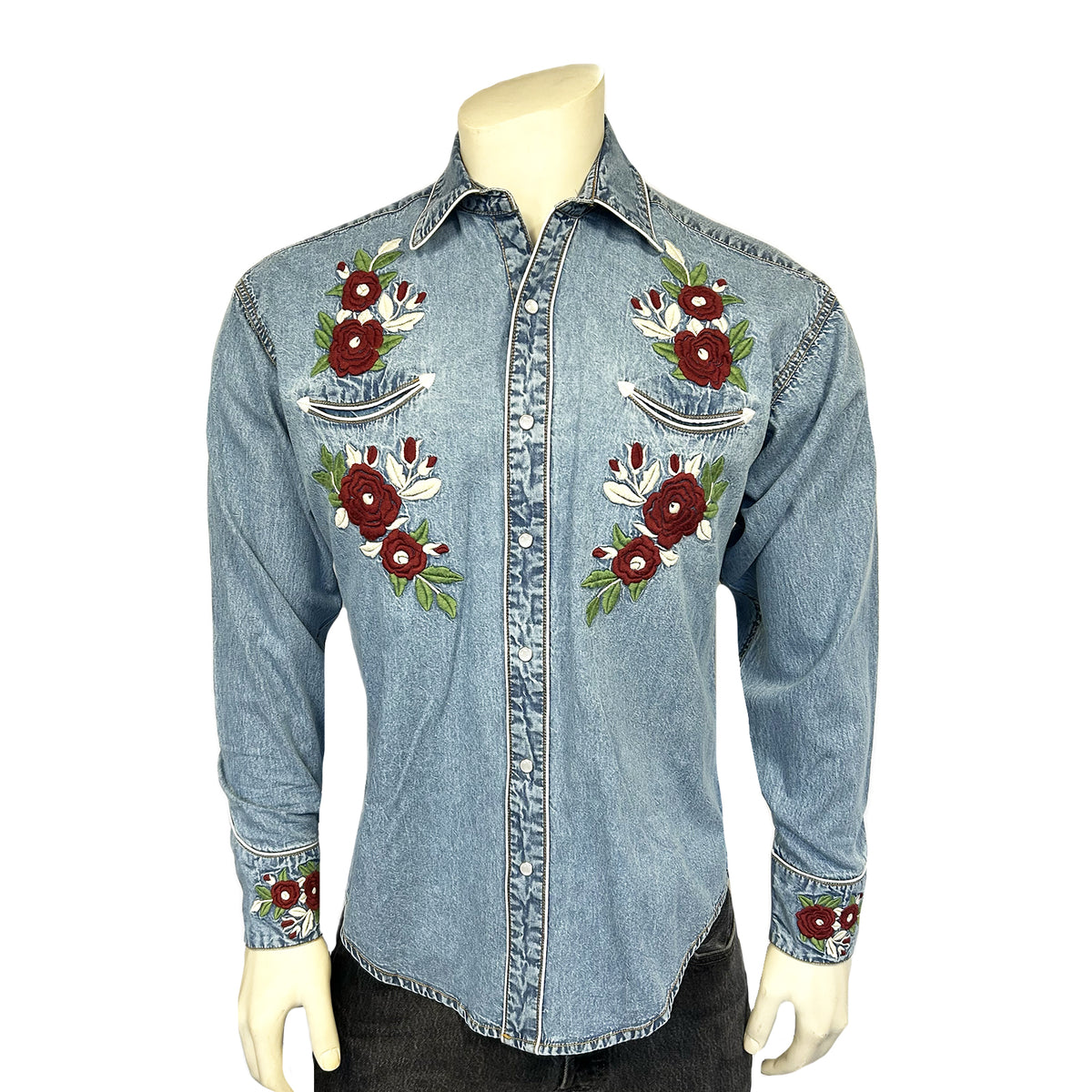 Men's Denim and Burgundy Floral Embroidered Western Shirt by Rockmount Ranch Wear with floral embroidery