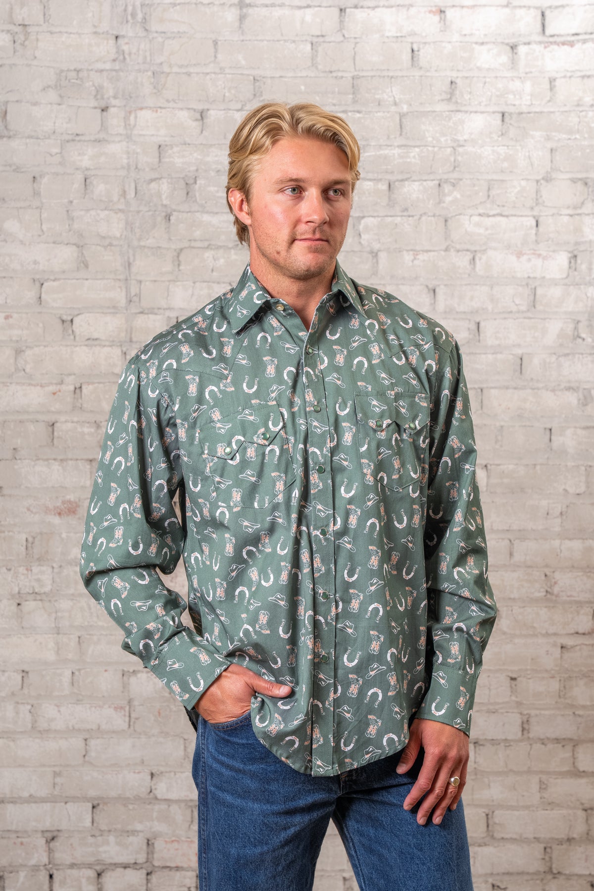 Men's Green Horseshoe Print Western Shirt by Rockmount Ranch Wear, vintage western wear with snaps