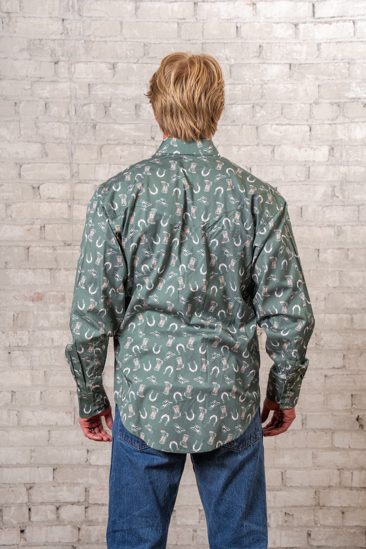 Men's Green Horseshoe Print Western Shirt by Rockmount Ranch Wear with sawtooth pocket and snaps