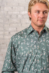 Men's Green Horseshoe Print Western Shirt by Rockmount Ranch Wear in vintage green with sawtooth pocket snaps