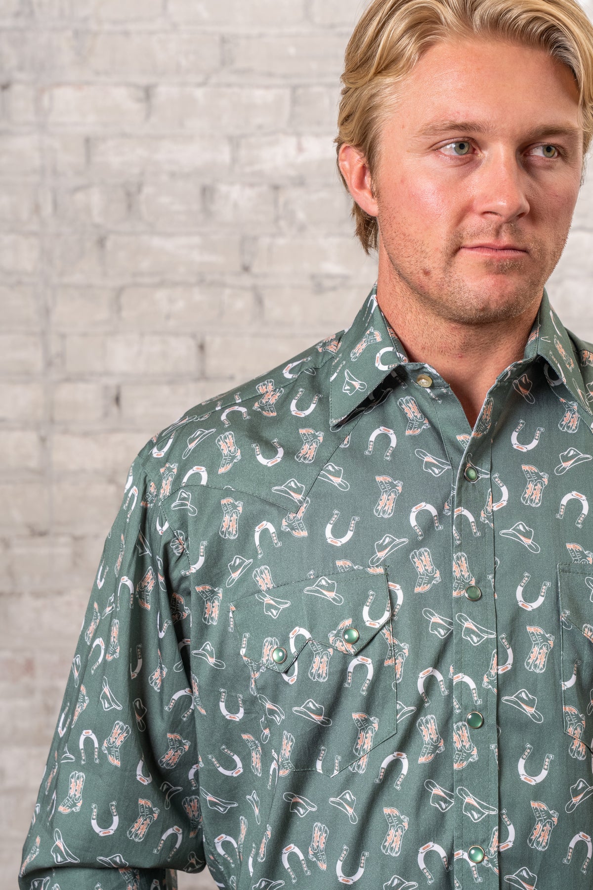 Men's Green Horseshoe Print Western Shirt by Rockmount Ranch Wear in vintage green with sawtooth pocket snaps