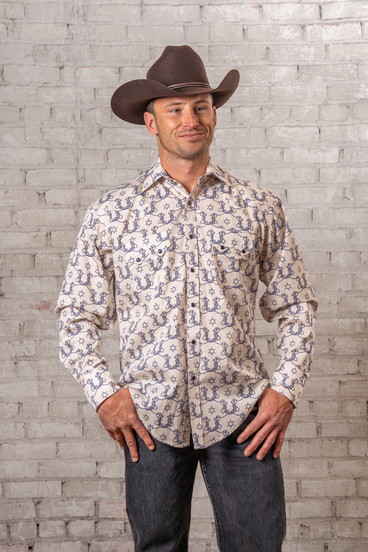 Men's Natural Horseshoe Print Western Shirt by Rockmount Ranch Wear with sawtooth pockets and snaps