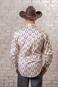 Men's Natural Horseshoe Print Western Shirt by Rockmount Ranch Wear in vintage floral print with snaps
