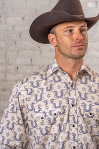 Men's Natural Horseshoe Print Western Shirt by Rockmount Ranch Wear in vintage cream with sawtooth pockets and snaps