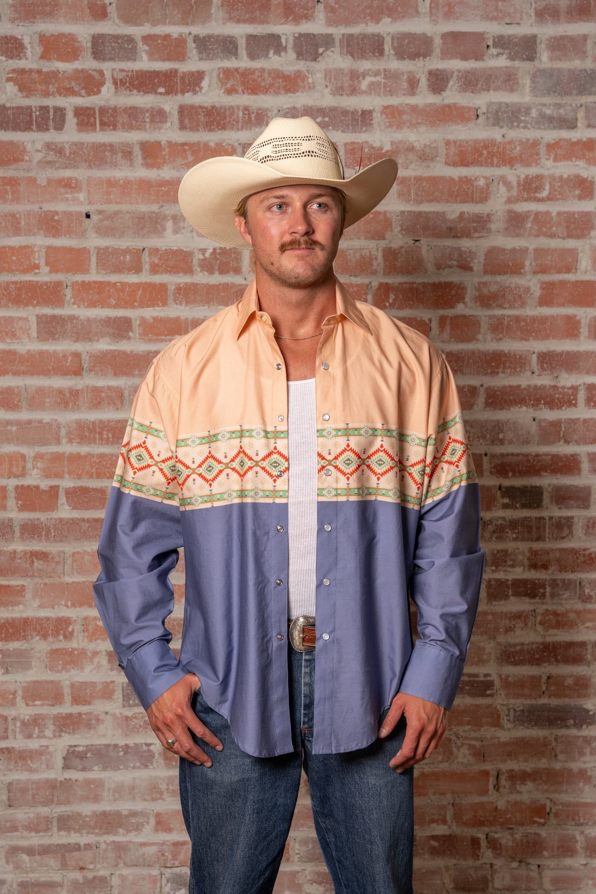 Native Pattern Peach and Blue 2-Tone Print Western Shirt by Rockmount Ranch Wear, native American inspired style