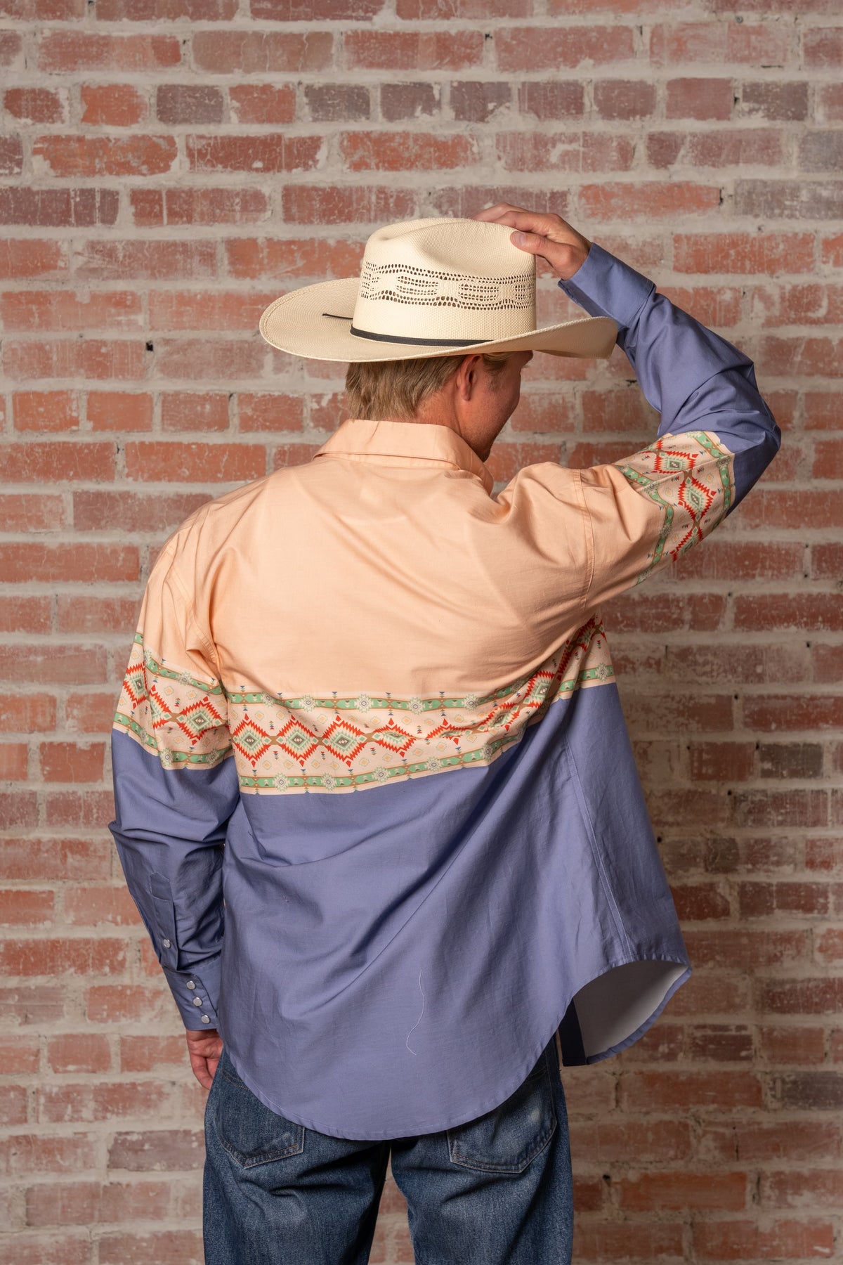 Native Pattern Peach and Blue 2-Tone Print Western Shirt by Rockmount Ranch Wear, vintage western wear