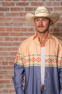 Native Pattern Peach Blue 2-Tone Print Western Shirt by Rockmount Ranch Wear with Native American inspired style