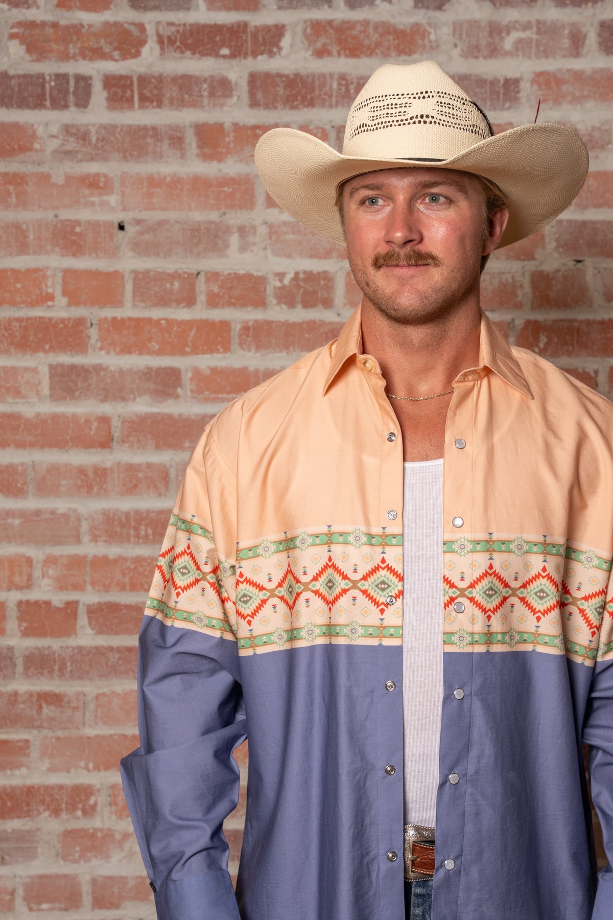 Native Pattern Peach Blue 2-Tone Print Western Shirt by Rockmount Ranch Wear with Native American inspired style