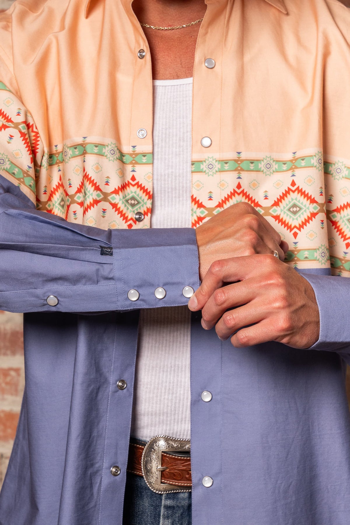 Native Pattern Peach Blue 2-Tone Print Western Shirt by Rockmount Ranch Wear with snaps and Native American inspired print