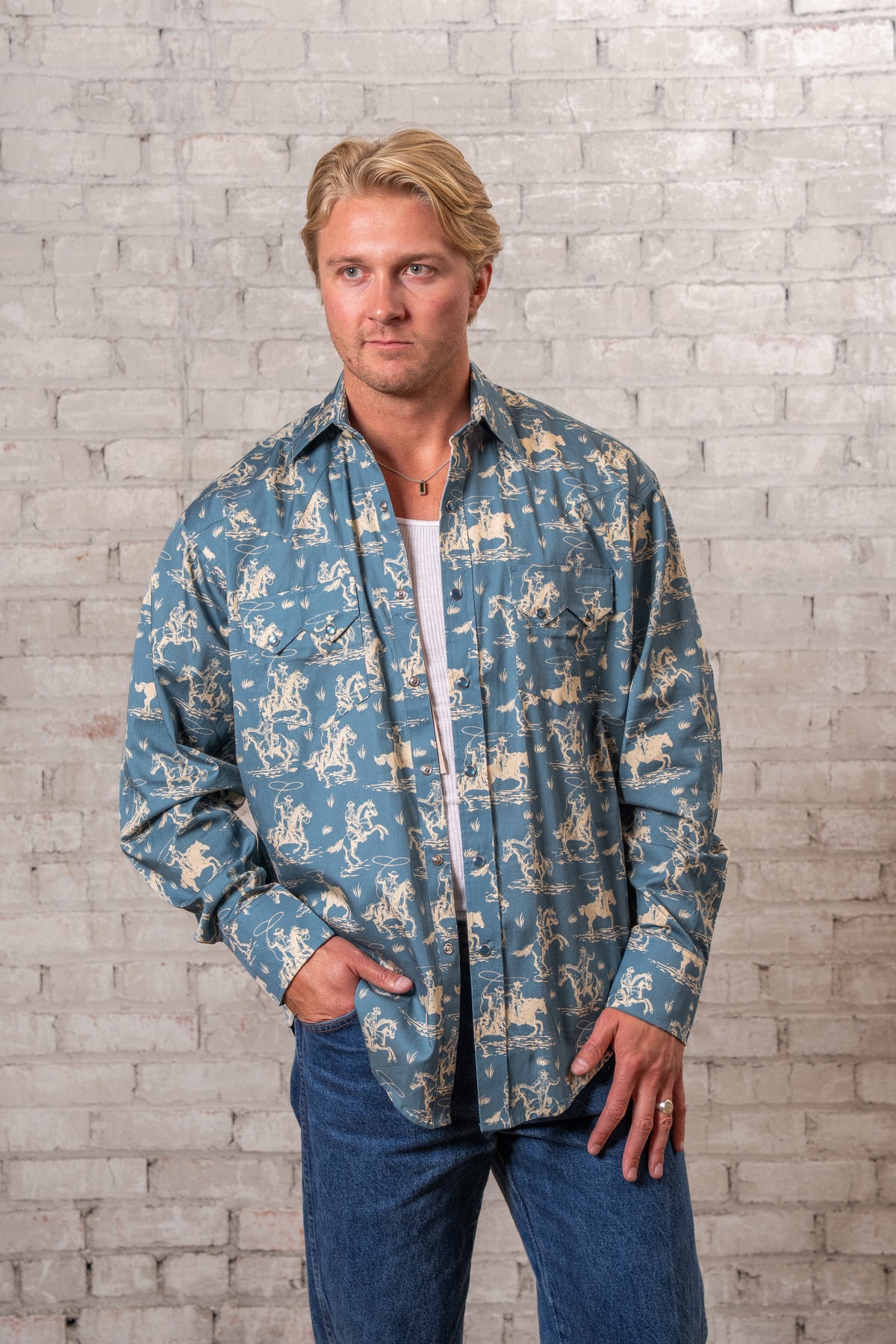 Men's Blue Print Western Shirt by Rockmount Ranch Wear, vintage western wear with cowboy print and snaps