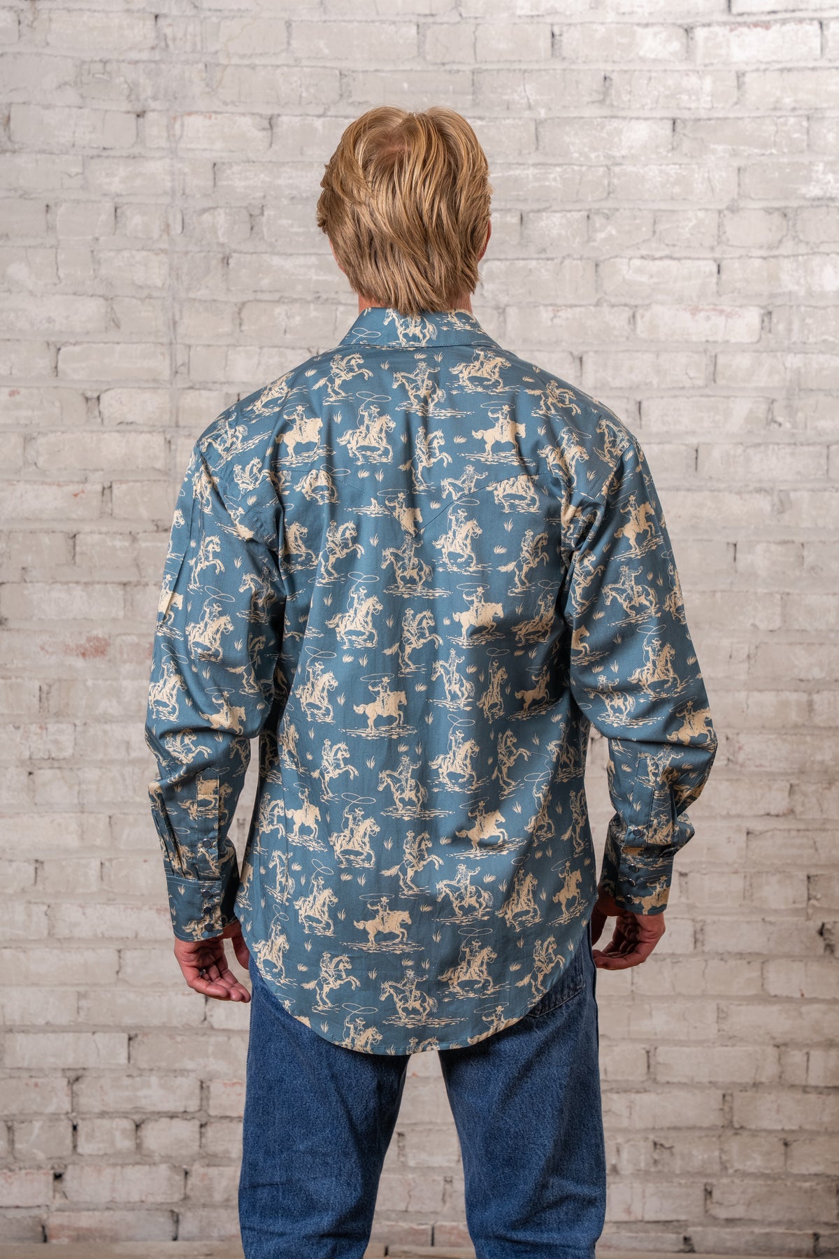 Men's Blue Print Western Shirt Rockmount Ranch Wear vintage western shirt with print, sawtooth pocket and snaps