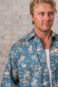 Men's Blue Print Western Shirt by Rockmount Ranch Wear, vintage western shirt with print and sawtooth pockets