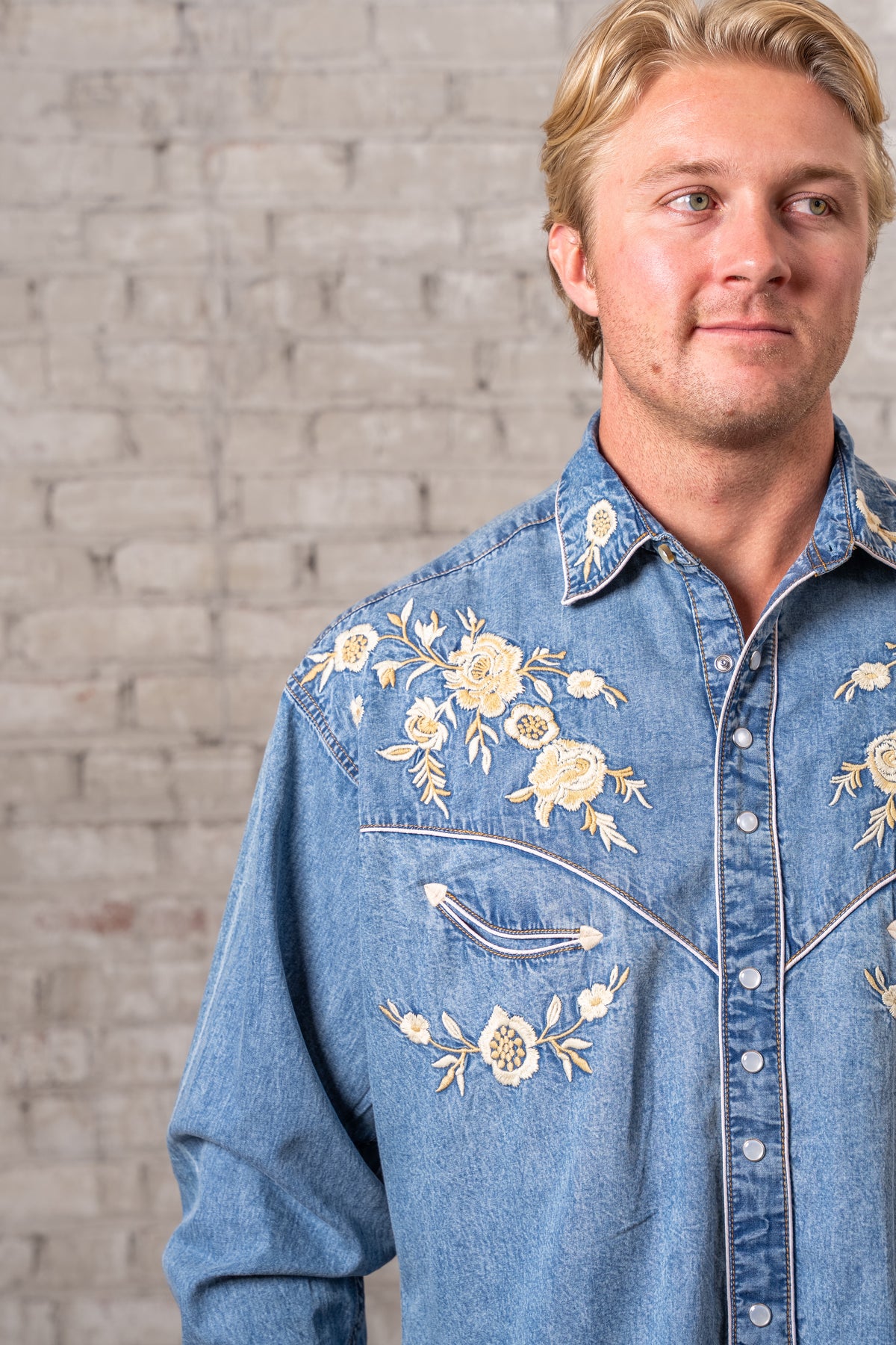 Men's Vintage Denim Floral Embroidered Western Shirt by Rockmount Ranch Wear, vintage western shirt with floral embroidery