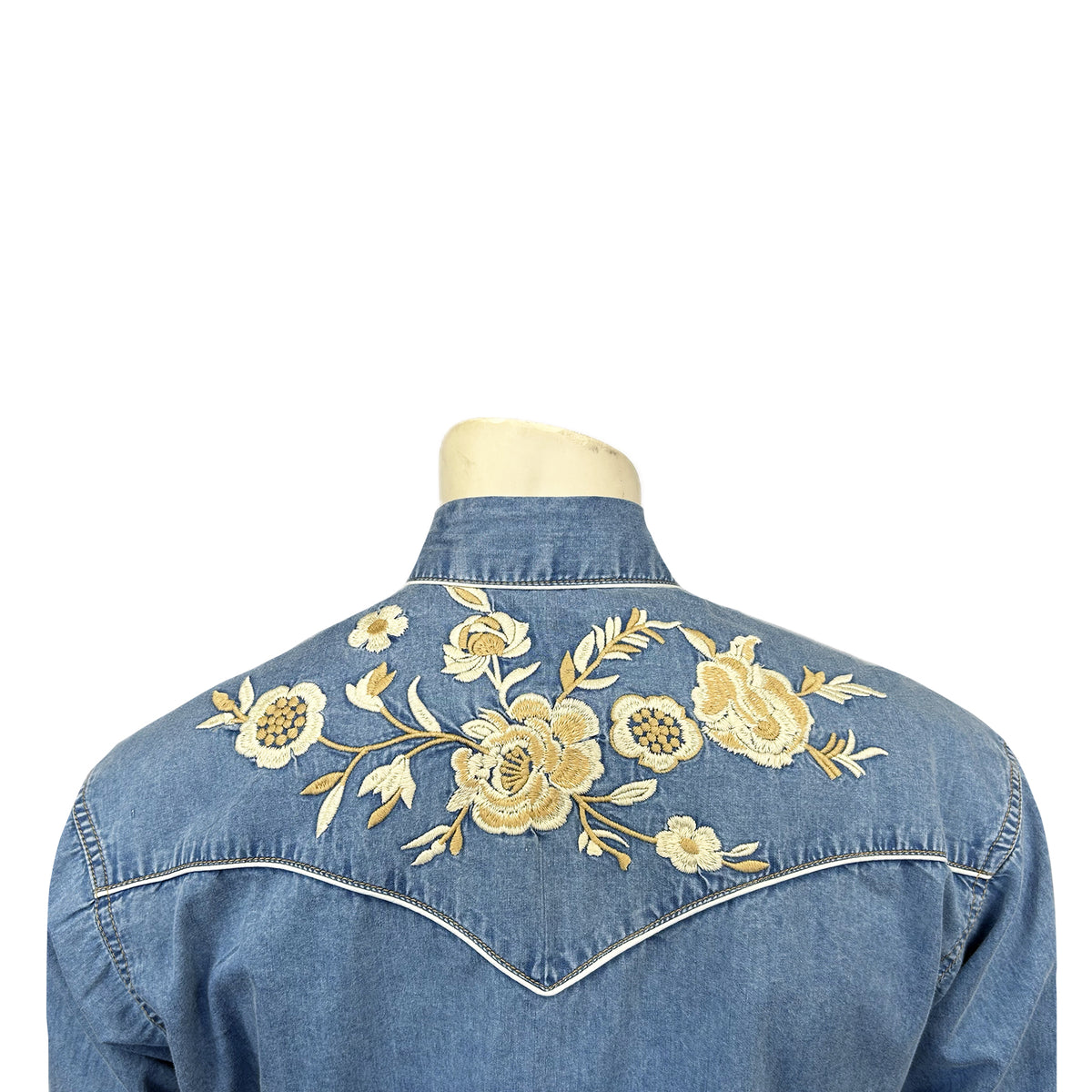 Men's Vintage Denim Floral Embroidered Western Shirt Rockmount Ranch Wear in vintage denim with floral embroidered back