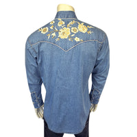 Men's Vintage Denim Floral Embroidered Western Shirt Rockmount Ranch Wear blue denim with floral embroidered yoke