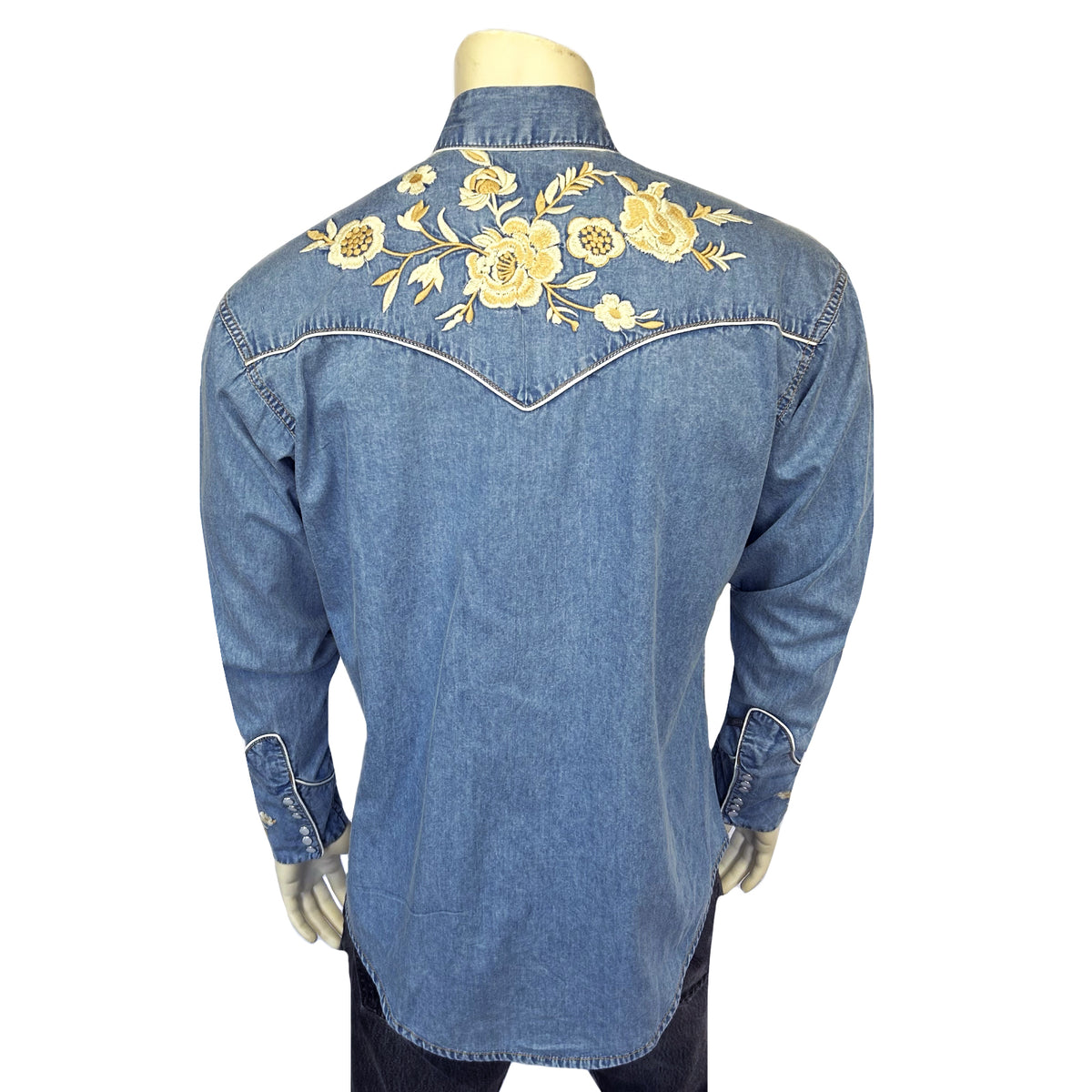 Men's Vintage Denim Floral Embroidered Western Shirt Rockmount Ranch Wear blue denim with floral embroidered yoke
