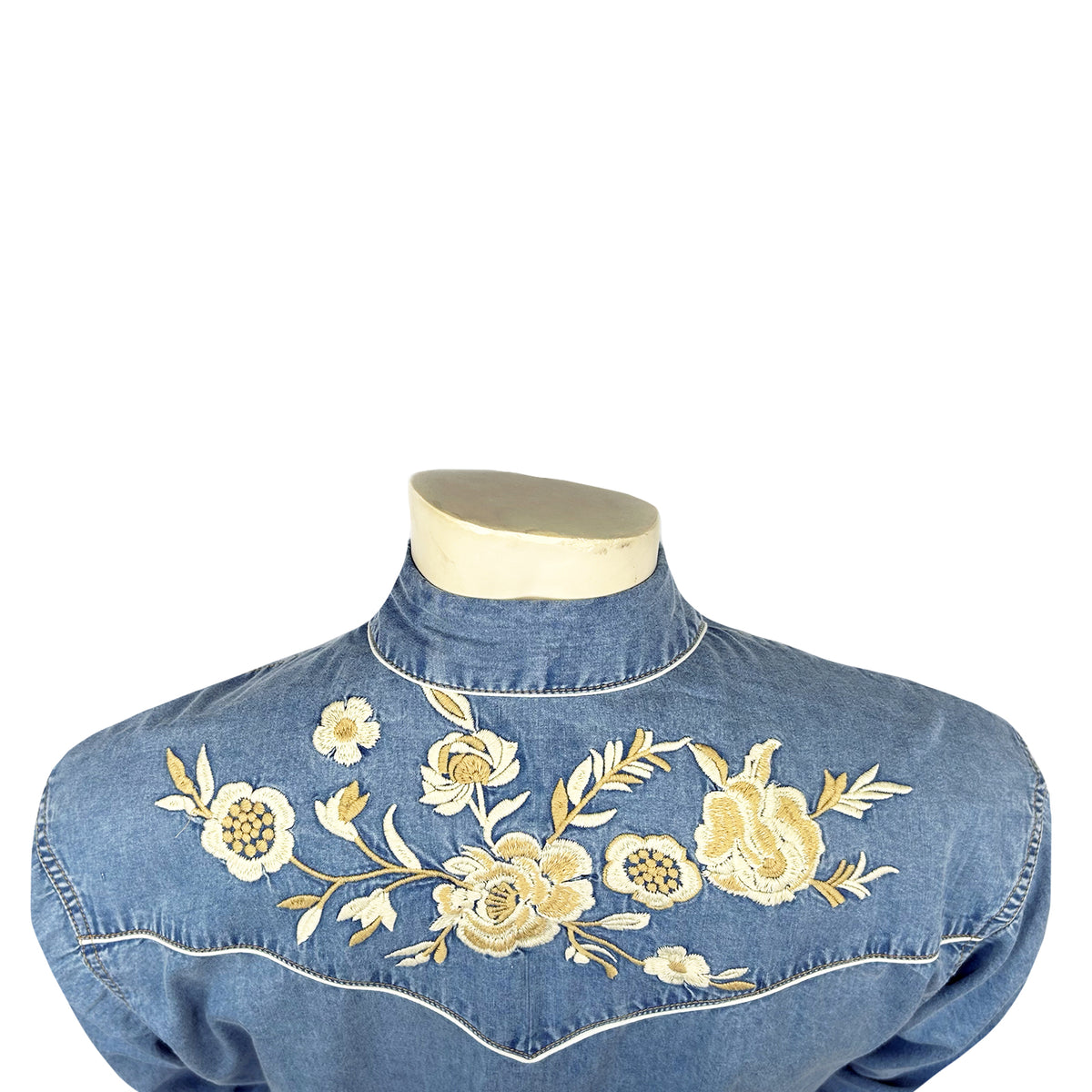 Men's Vintage Denim Floral Embroidered Western Shirt by Rockmount Ranch Wear, vintage fringe embroidered floral denim