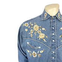 Men's Vintage Denim Floral Embroidered Western Shirt by Rockmount Ranch Wear in vintage blue denim with floral embroidery