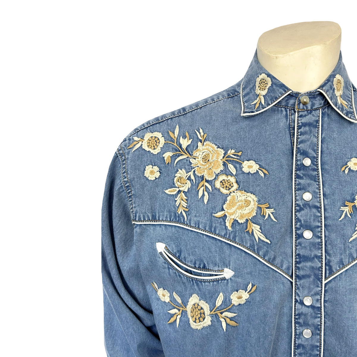 Men's Vintage Denim Floral Embroidered Western Shirt by Rockmount Ranch Wear in vintage blue denim with floral embroidery