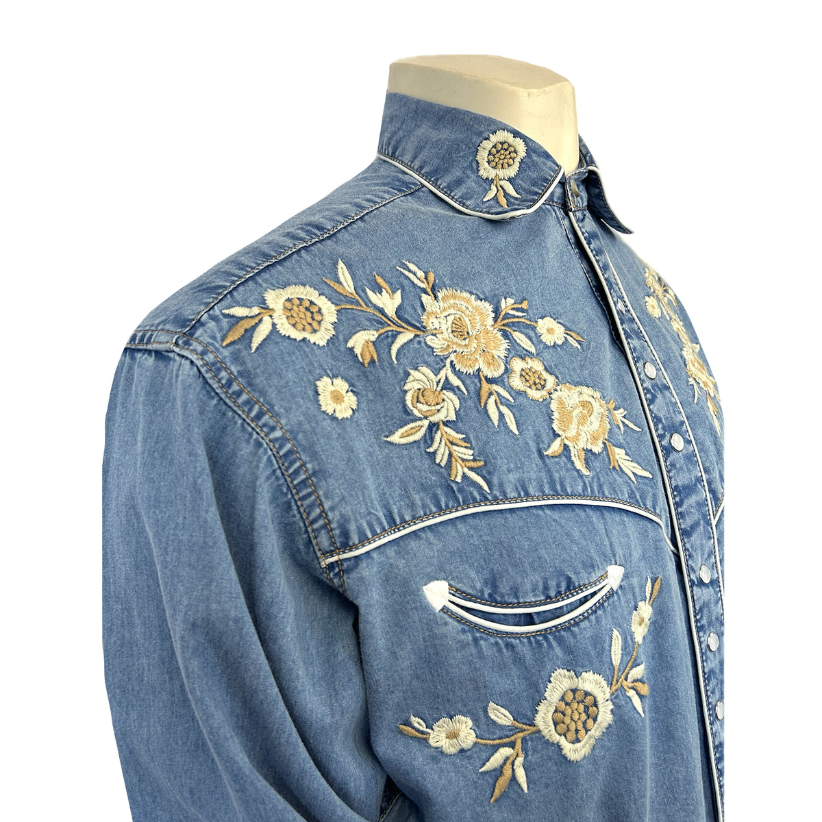 Men's Vintage Denim Floral Embroidered Western Shirt by Rockmount Ranch Wear, vintage fringe western wear