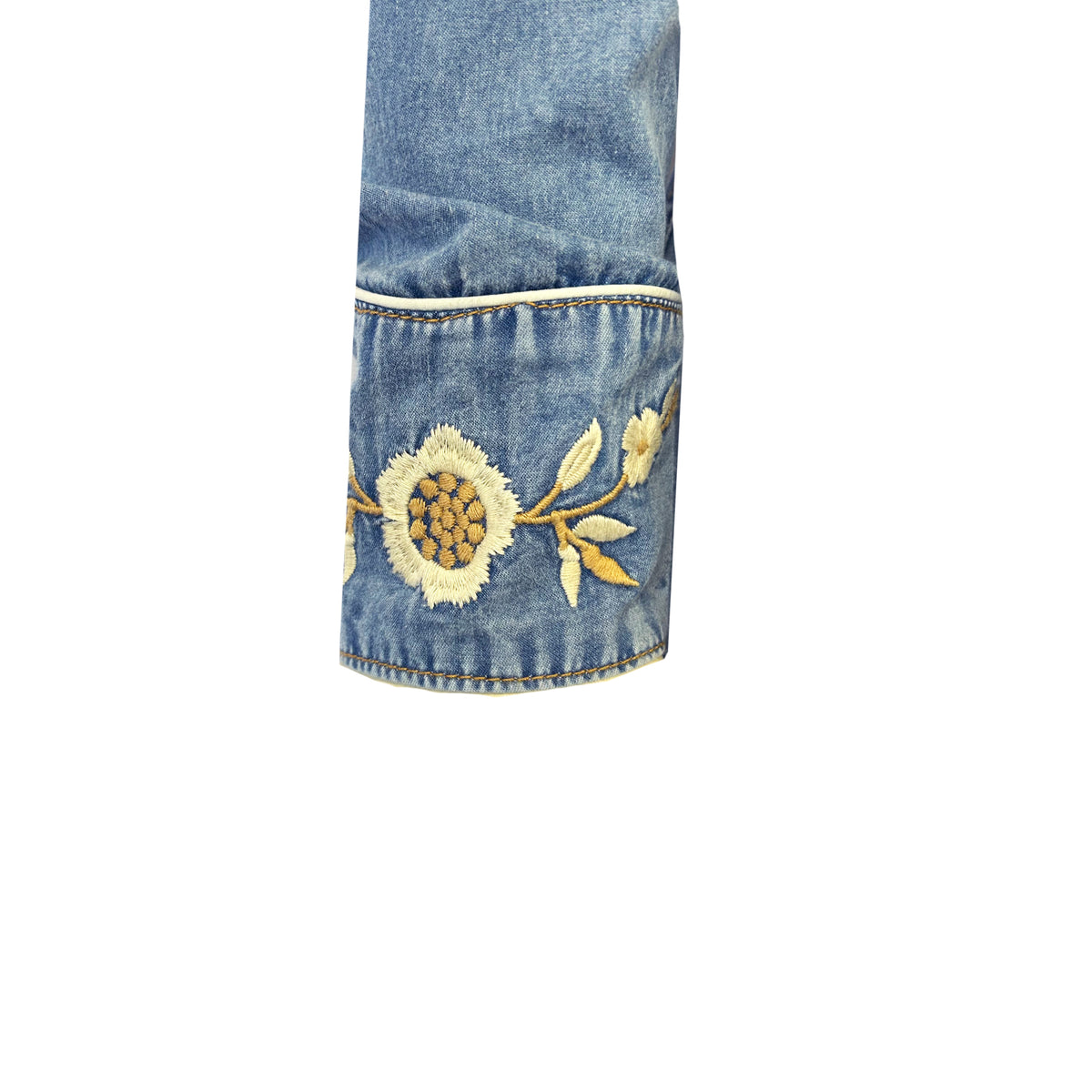 Men's Vintage Denim Floral Embroidered Western Shirt by Rockmount Ranch Wear in blue denim with cactus embroidery