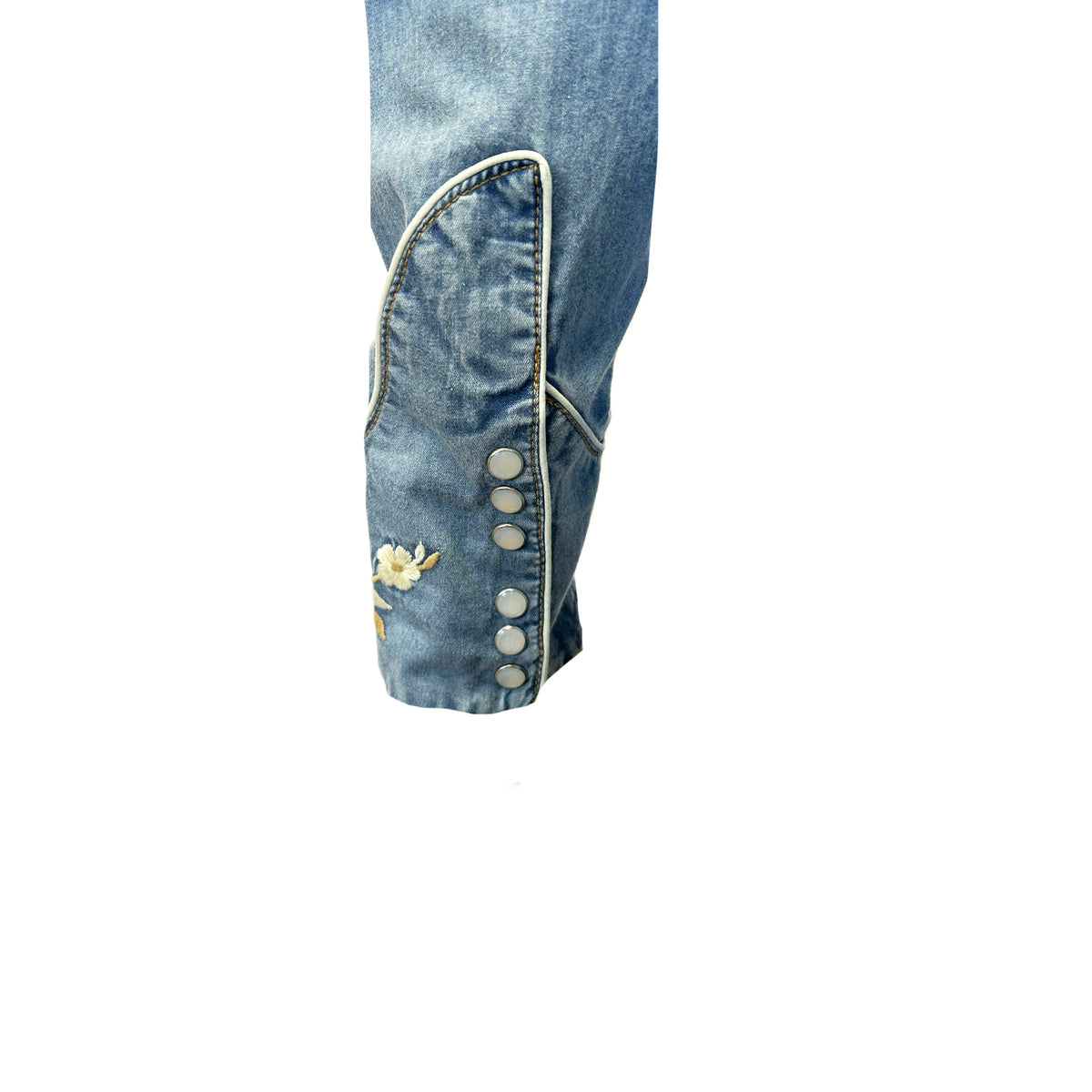 Men's Vintage Denim Floral Embroidered Western Shirt by Rockmount Ranch Wear with fringe and snaps
