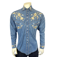 Men's Vintage Denim Floral Embroidered Western Shirt by Rockmount Ranch Wear in denim with embroidered floral front