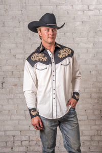 Men's Vintage 2-Tone Khaki and Black Floral Embroidered Western Shirt by Rockmount Ranch Wear with snap closures