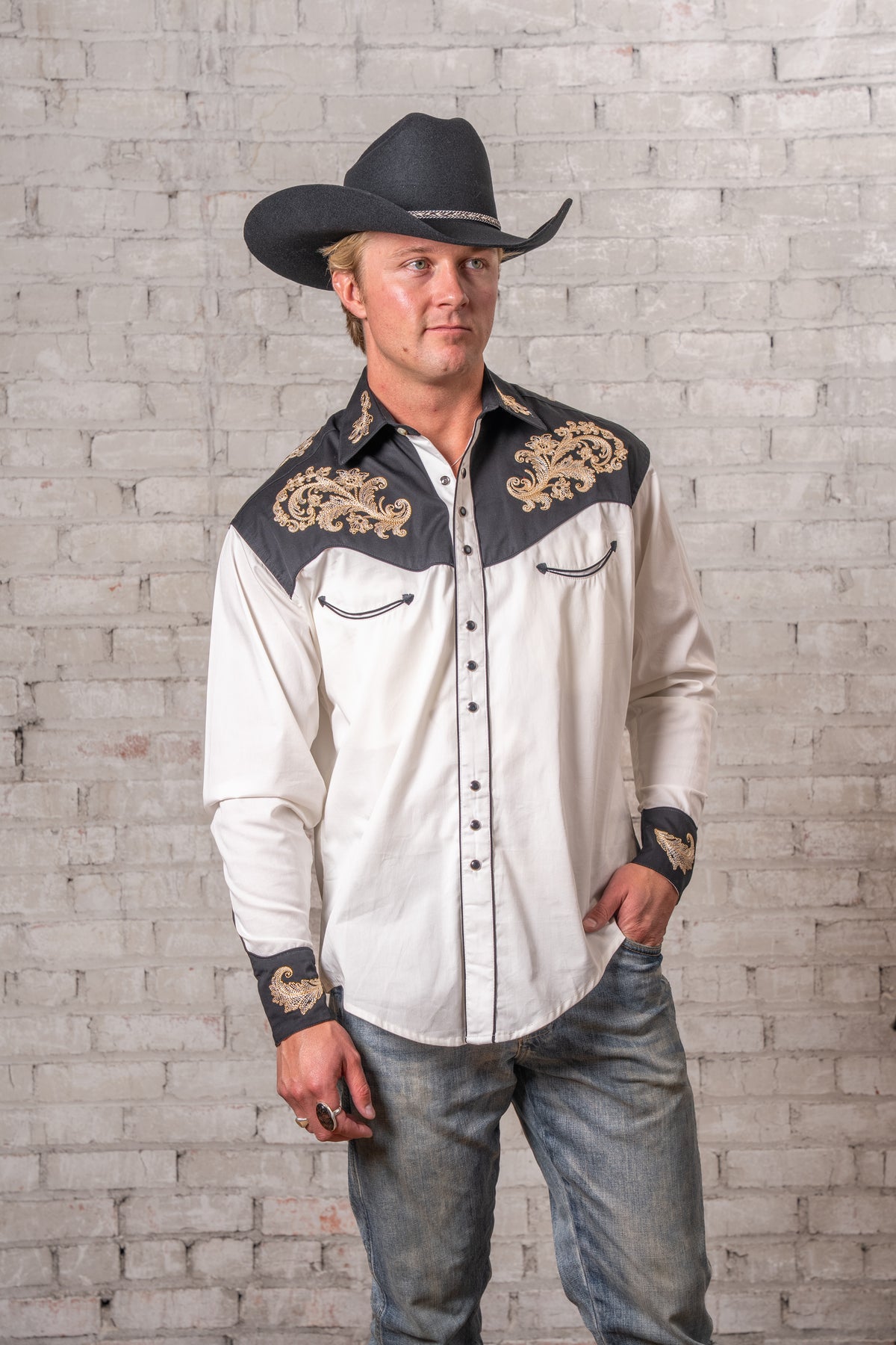 Men's Vintage 2-Tone Khaki and Black Floral Embroidered Western Shirt by Rockmount Ranch Wear with snap closures
